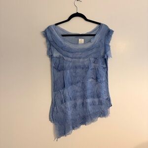 Sleeveless Silk Blue Layered Top with Raw-Edge Tiered Ruffle Scoop Neck Top